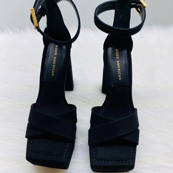 GOOD AMERICAN Suede Square Toe Platform Chunky Heels GA159K-E Black Sz 6  NEW - Picture 2 of 5